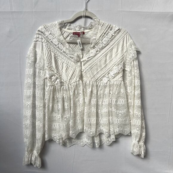 Vivenne Tam Cream Off White Lace Crochet Sheer Romantic Blouse XS - Picture 5 of 12